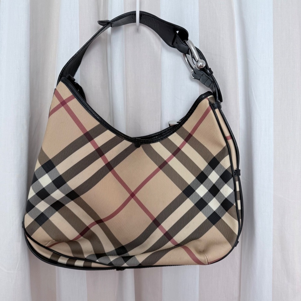 Burberry Vintage Nova Check Canvas Hobo Bag Black Patent Leather Trim
